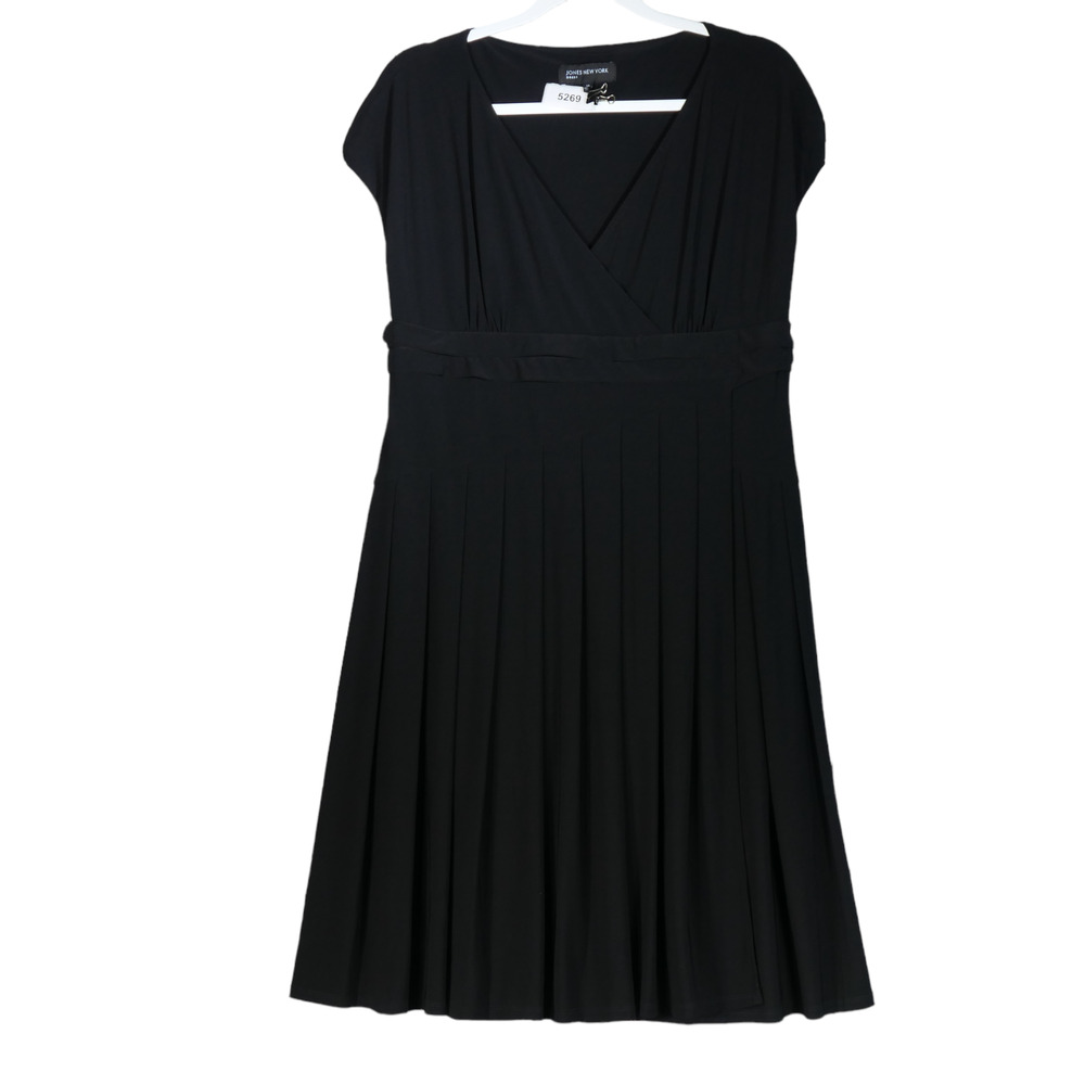Jones NY Dress Womens Size 14 Black Faux Wrap Slinky Stretch Career Little Black